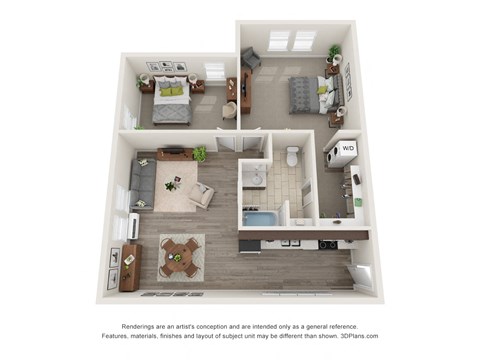 Floor plan for 2 beds, 1 bath, 910 sqft